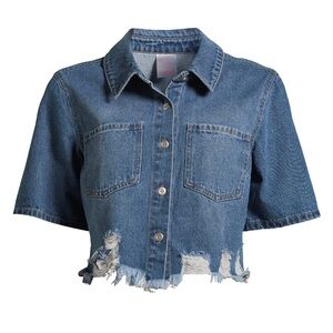 No Boundaries Juniors Distressed Short Sleeve Jacket,